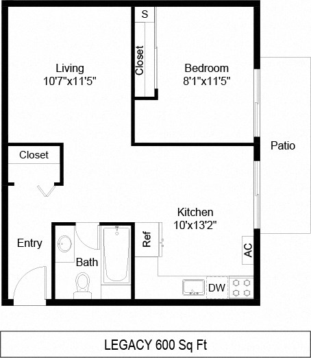 Floor plan for studio, 1 bath, 600 sqft